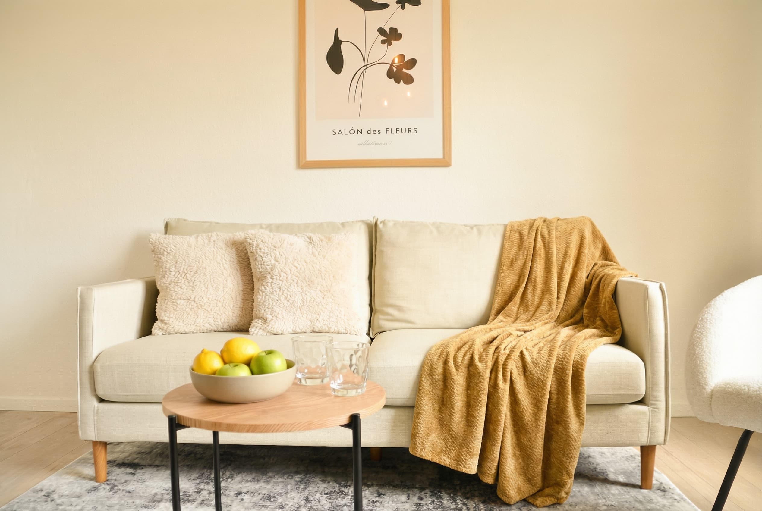 Living area of a MILPAU apartment with warm interior and dining space